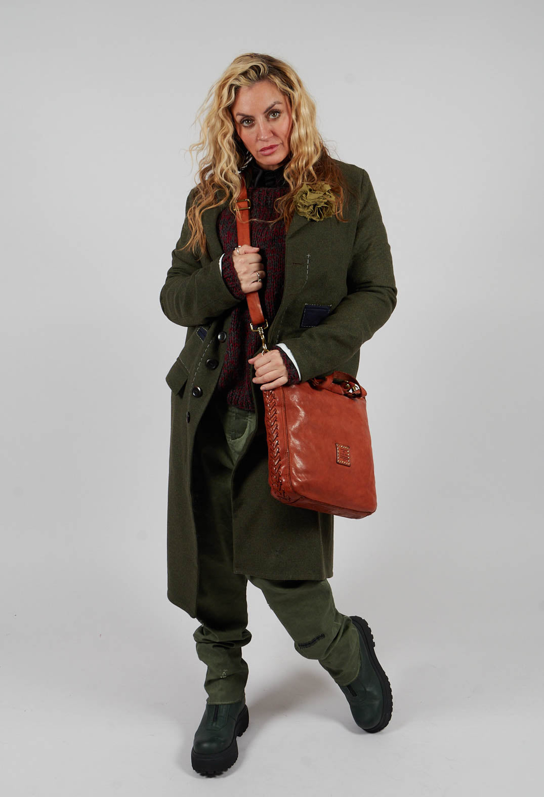 Brooch Detail Long Coat in Original Green