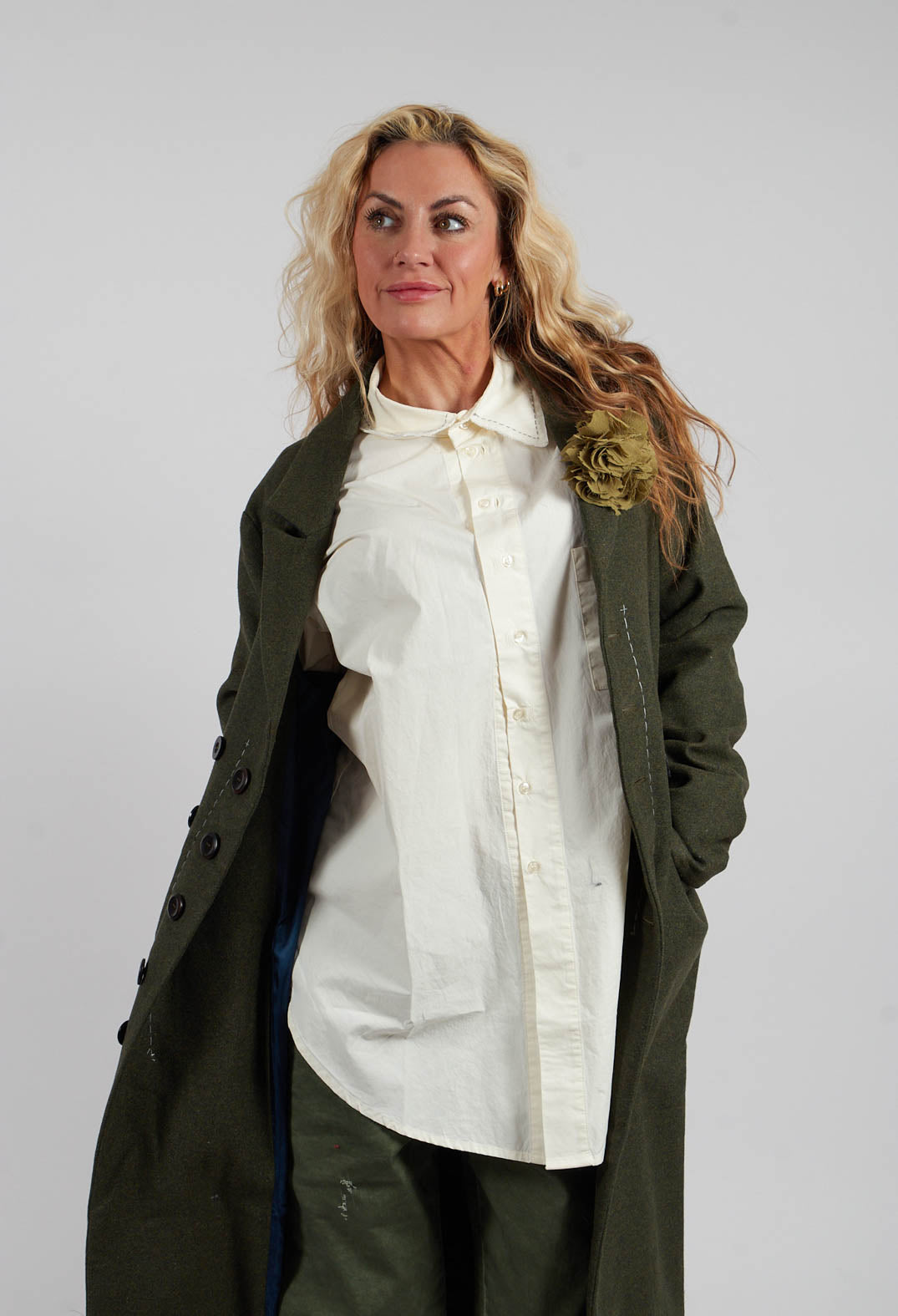 Brooch Detail Long Coat in Original Green