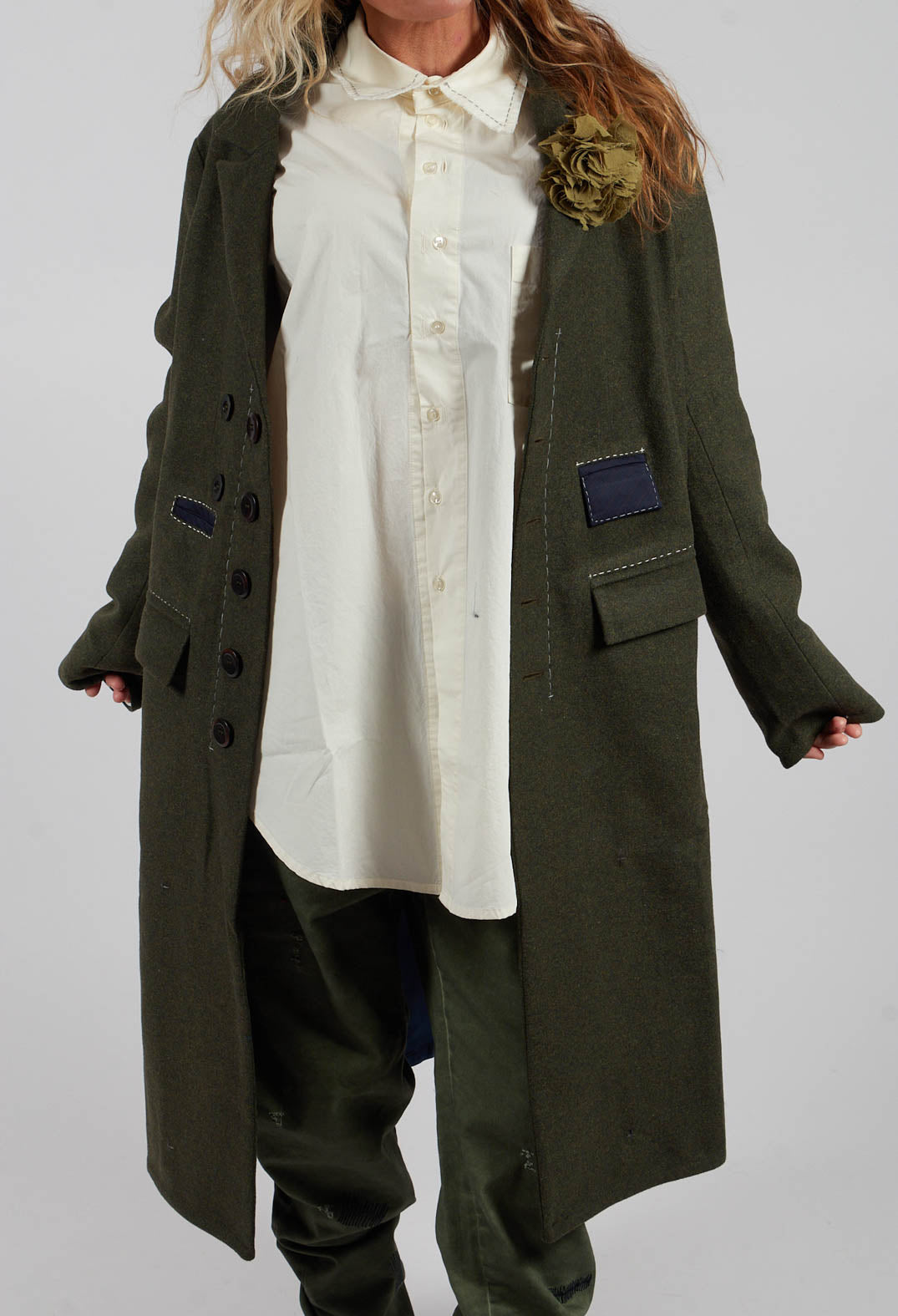 Brooch Detail Long Coat in Original Green