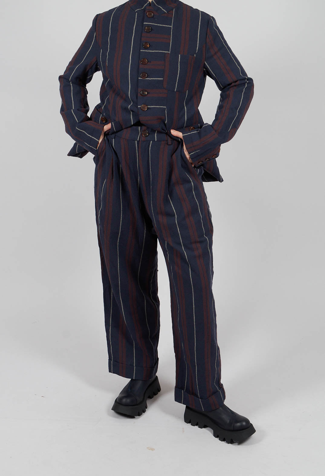 Wide Cropped Trousers in Red and Blue Striped