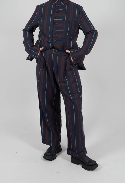 Wide Cropped Trousers in Red and Blue Striped