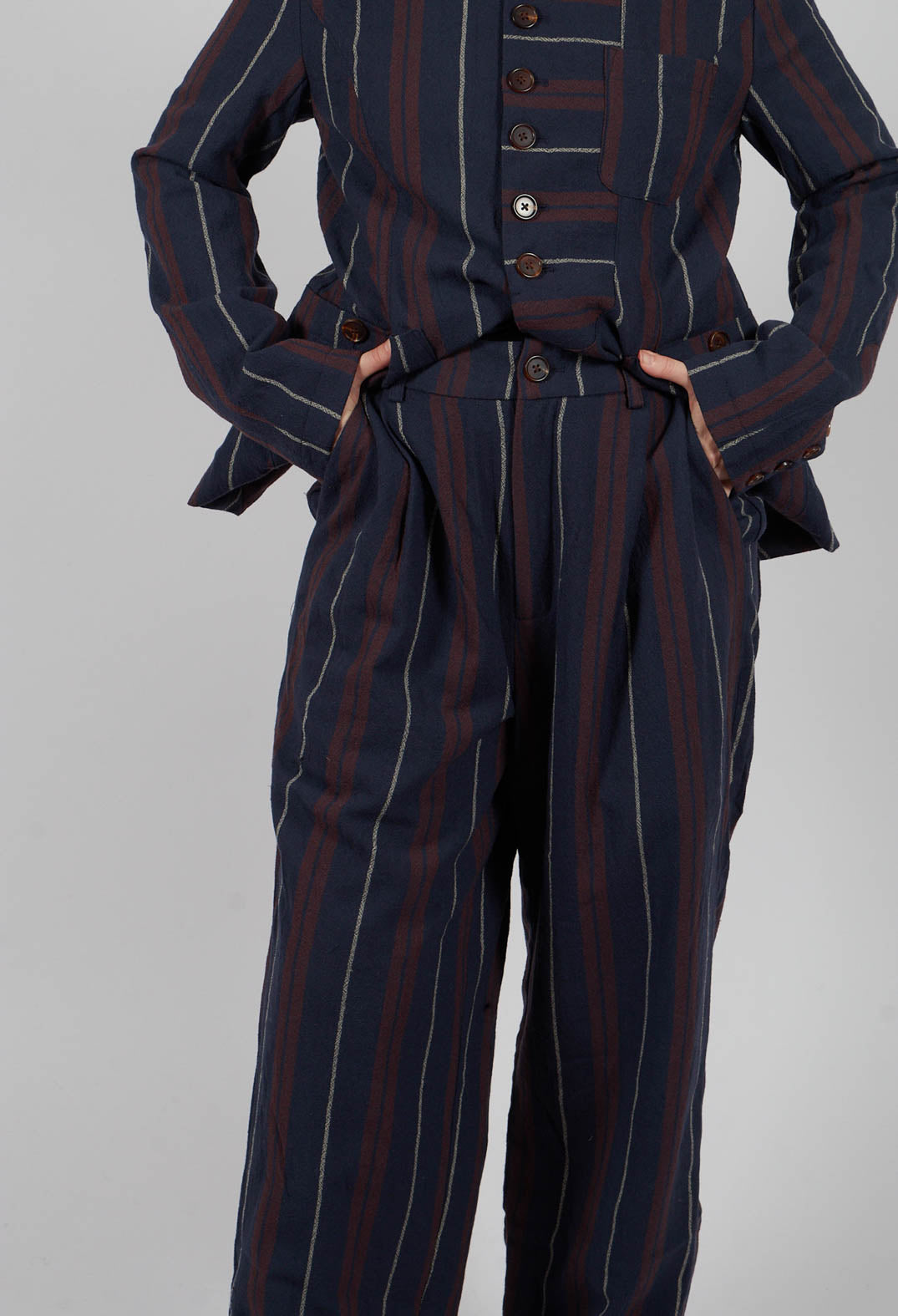 Wide Cropped Trousers in Red and Blue Striped