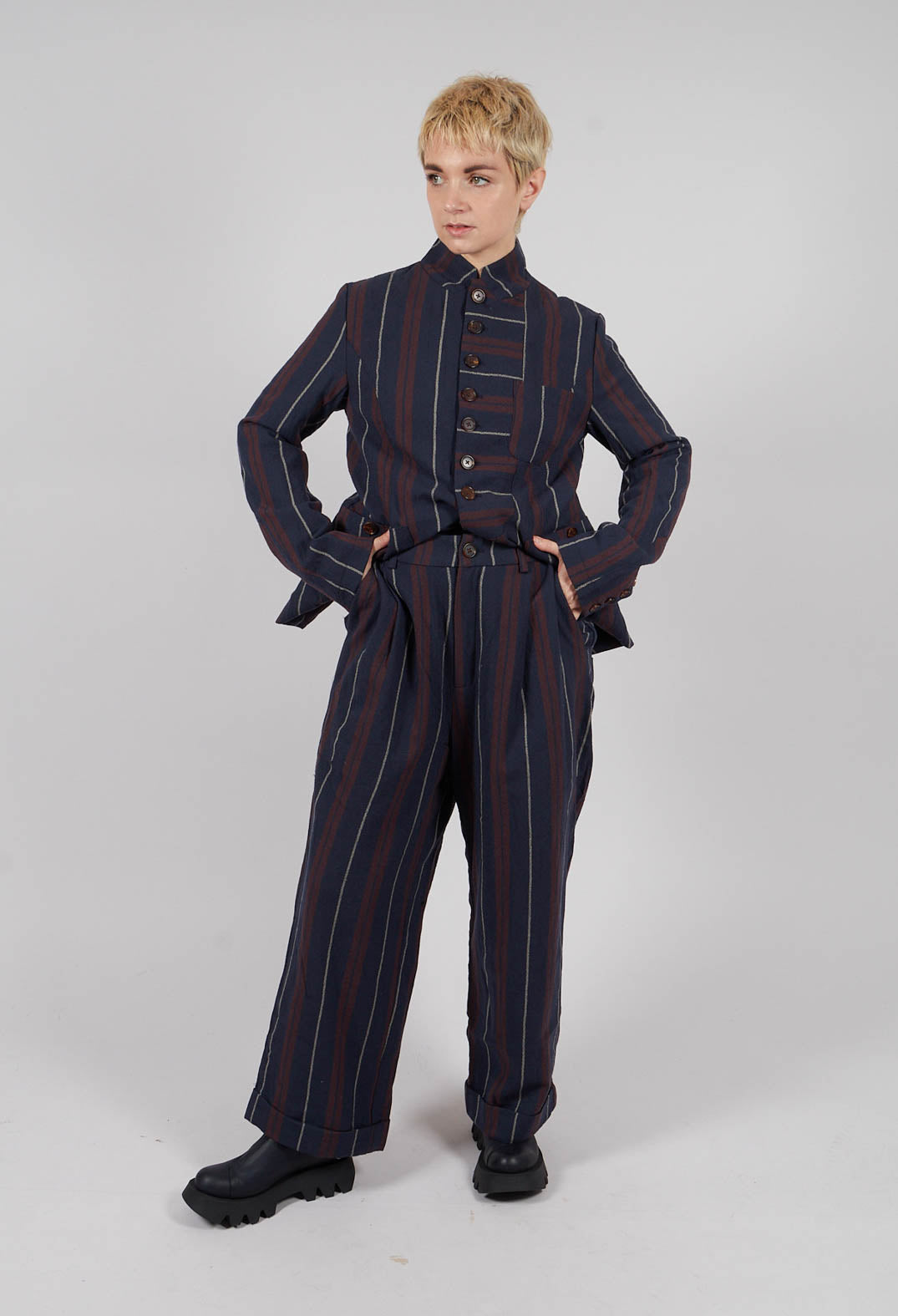 Wide Cropped Trousers in Red and Blue Striped