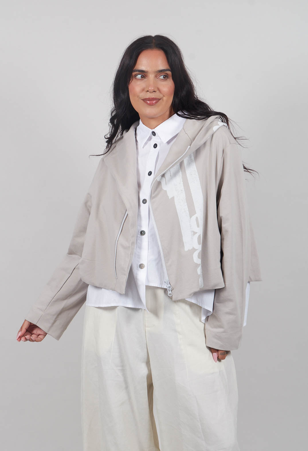 Cropped Zip Hooded Jacket in Beige