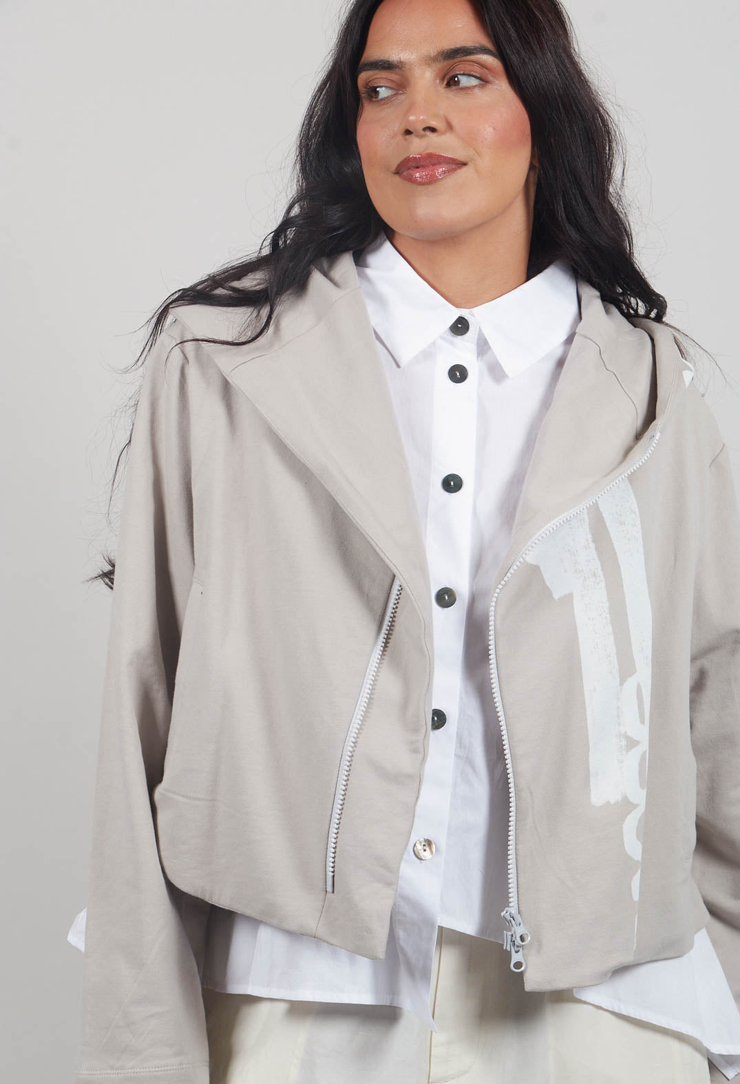 Cropped Zip Hooded Jacket in Beige
