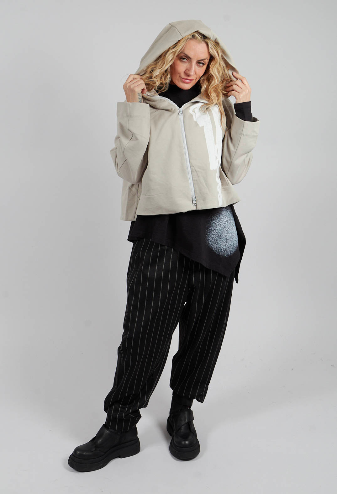 Cropped Zip Hooded Coat in Beige