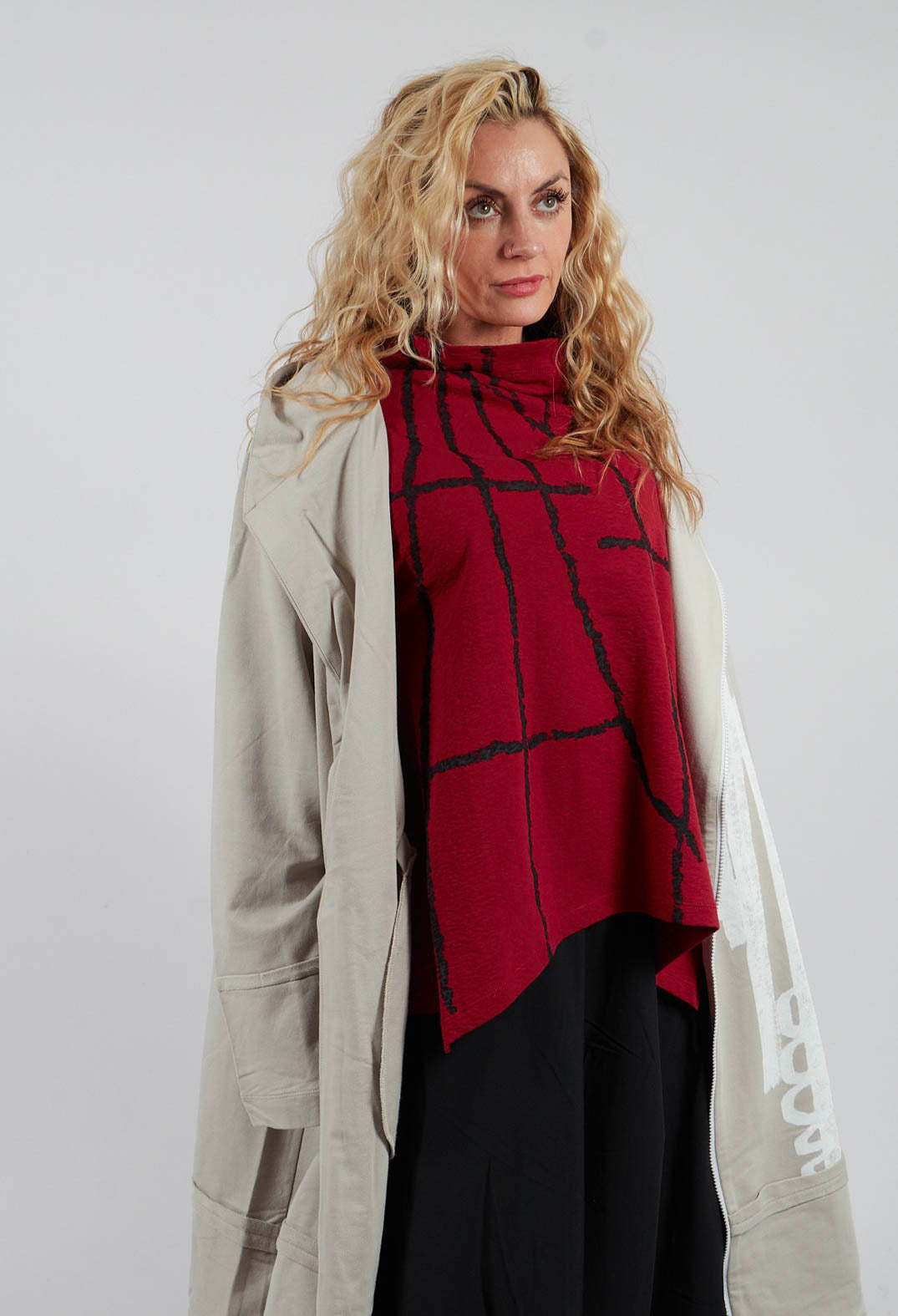 Longline Zip Hooded Coat in Beige