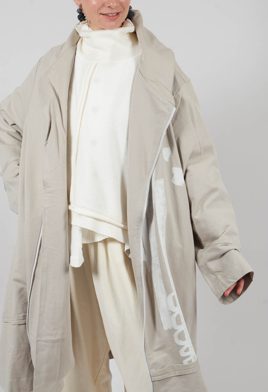 Longline Zip Hooded Coat in Beige