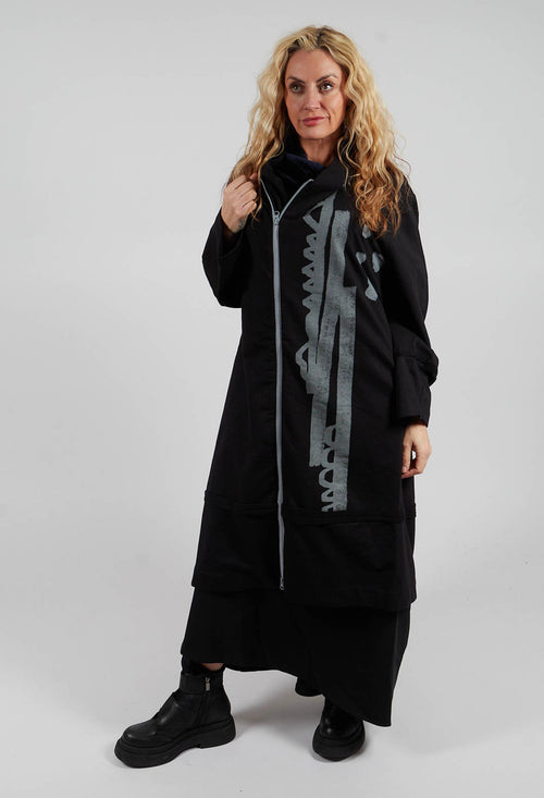 Longline Zip Hooded Coat in Black