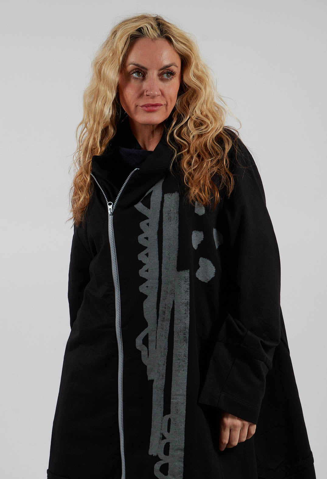 Longline Zip Hooded Coat in Black