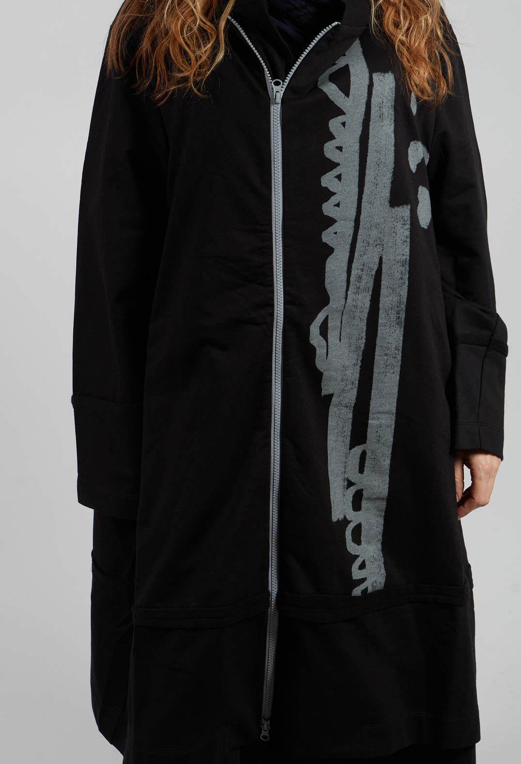 Longline Zip Hooded Coat in Black