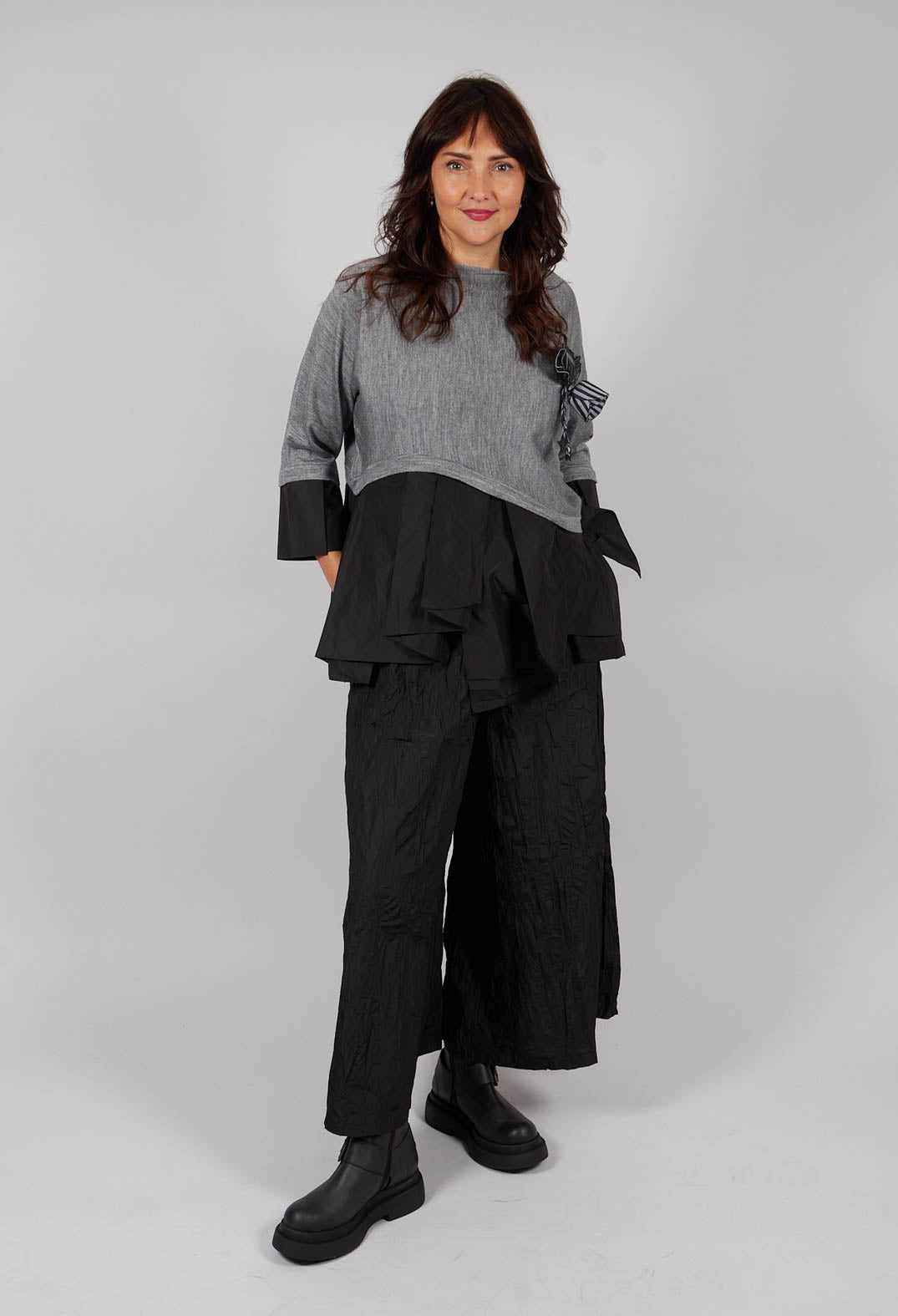 Dual Fabric Top with Embellishment in Grey