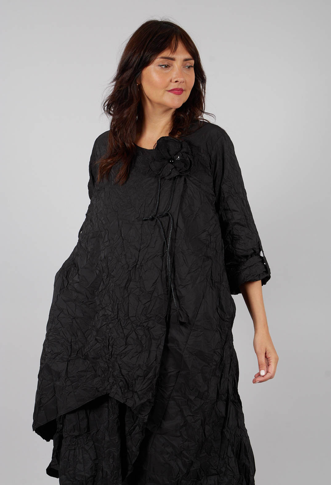 Long Sleeve Dress with Fabric Rose in Black