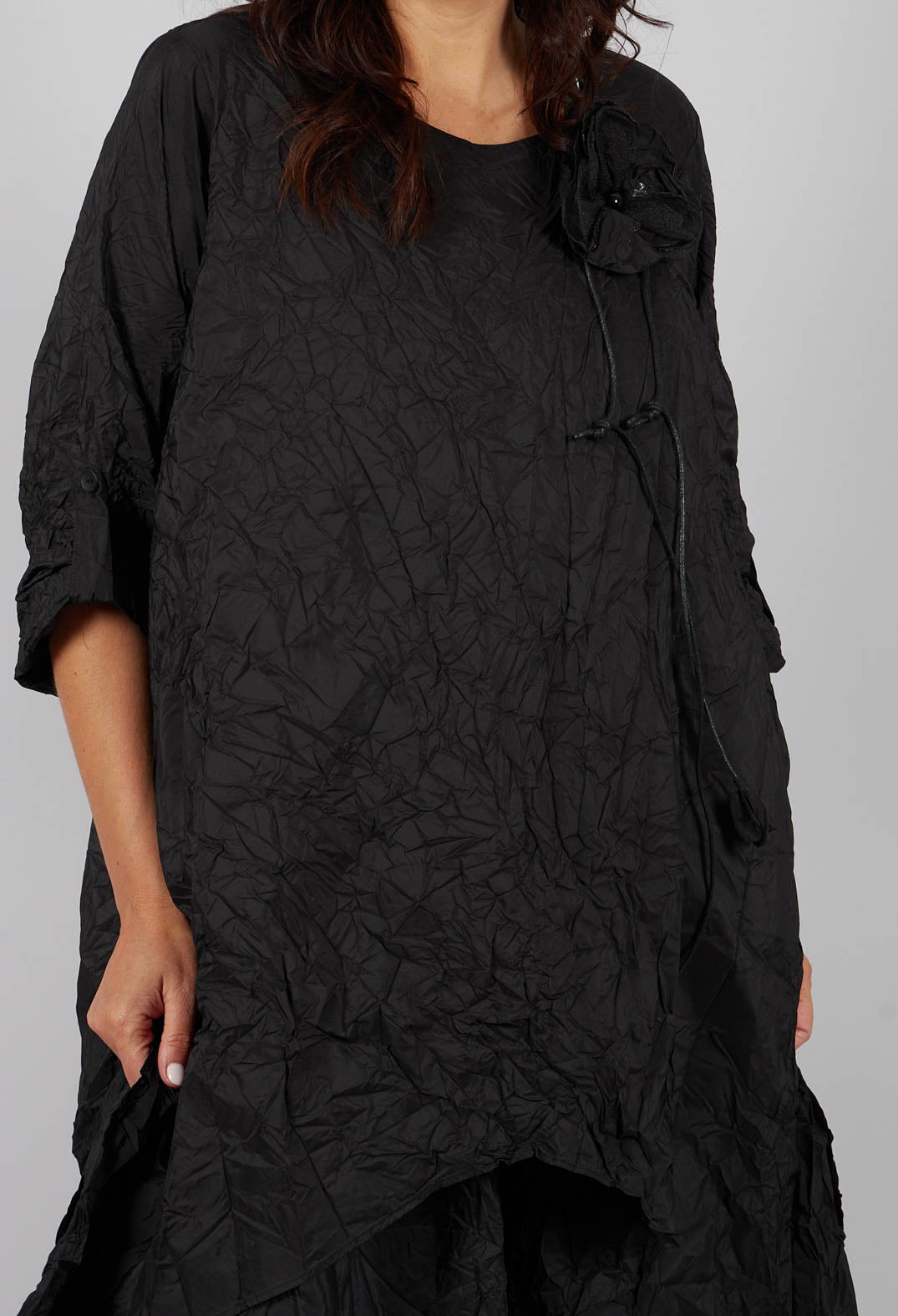 Long Sleeve Dress with Fabric Rose in Black