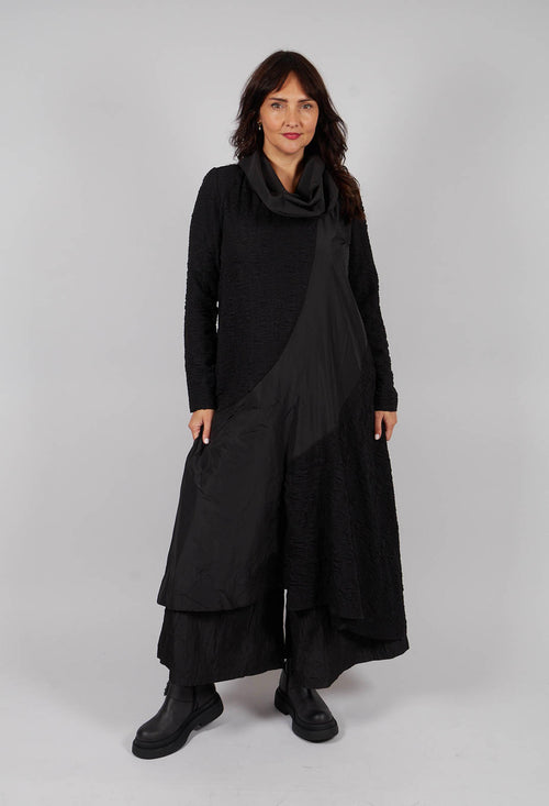 High Neck Dual Fabric Dress in Black