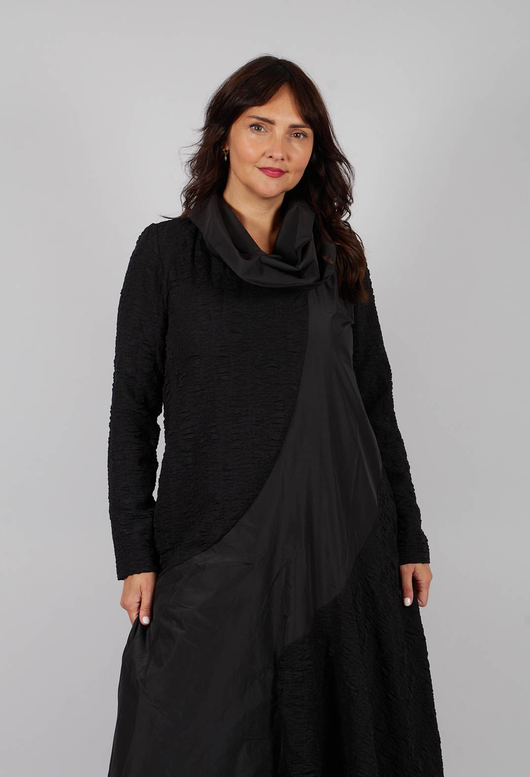 High Neck Dual Fabric Dress in Black