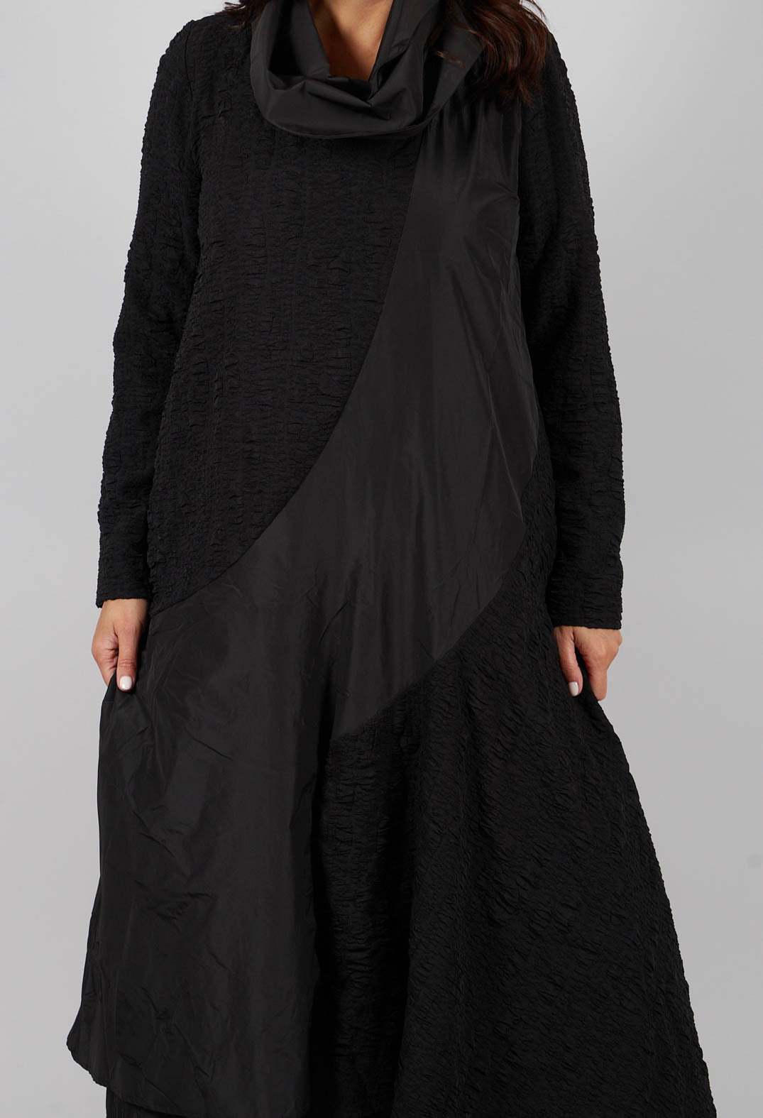 High Neck Dual Fabric Dress in Black