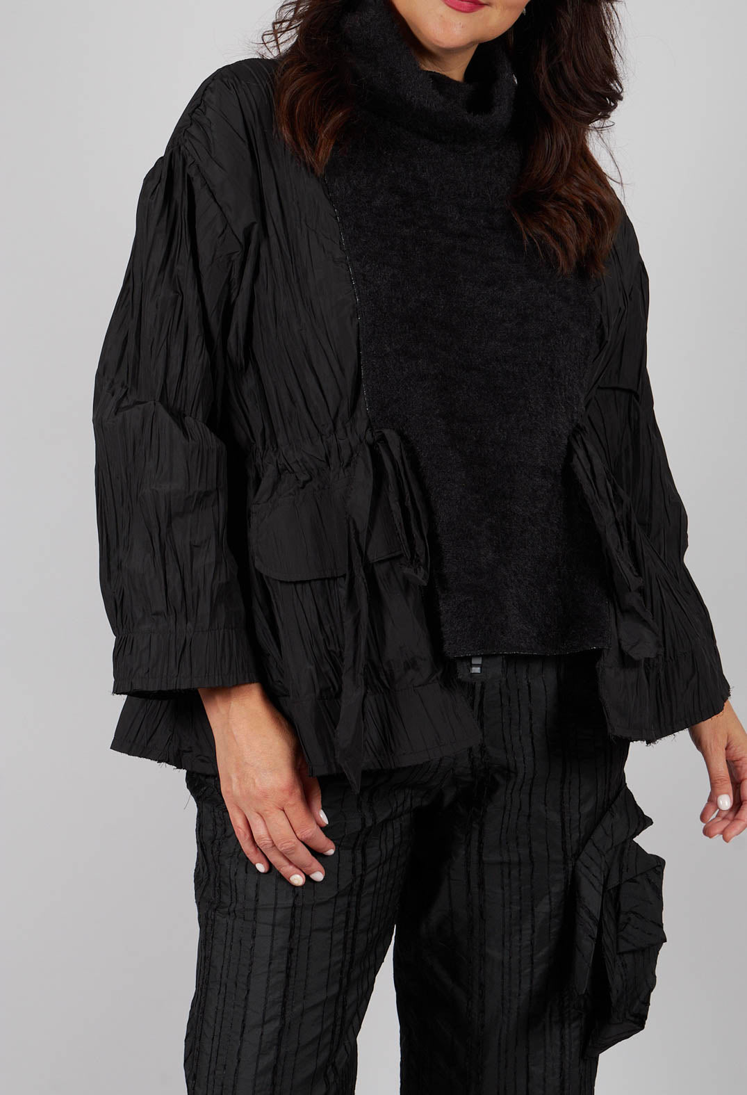 High Neck Dual Fabric Top in Black