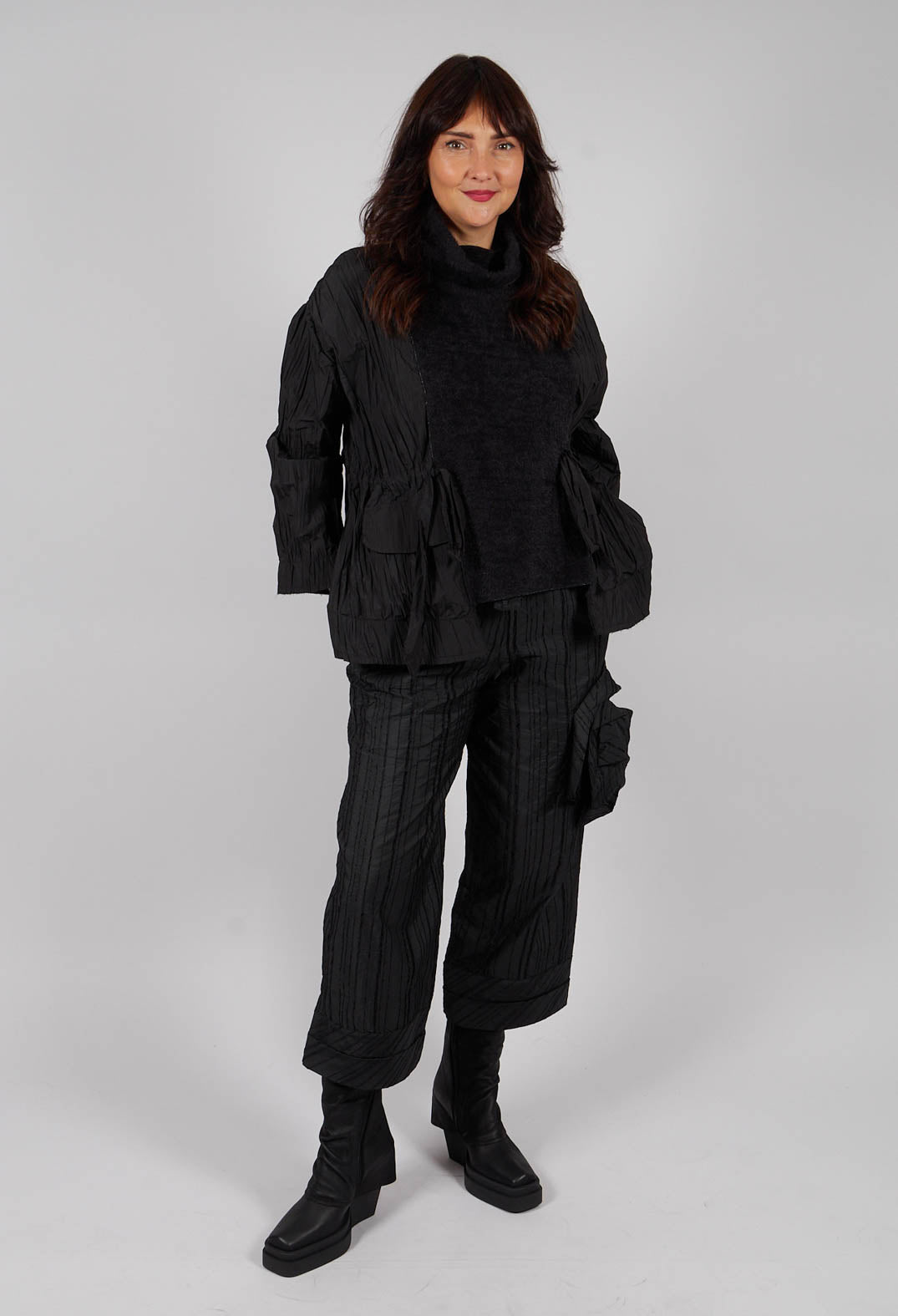 High Neck Dual Fabric Top in Black