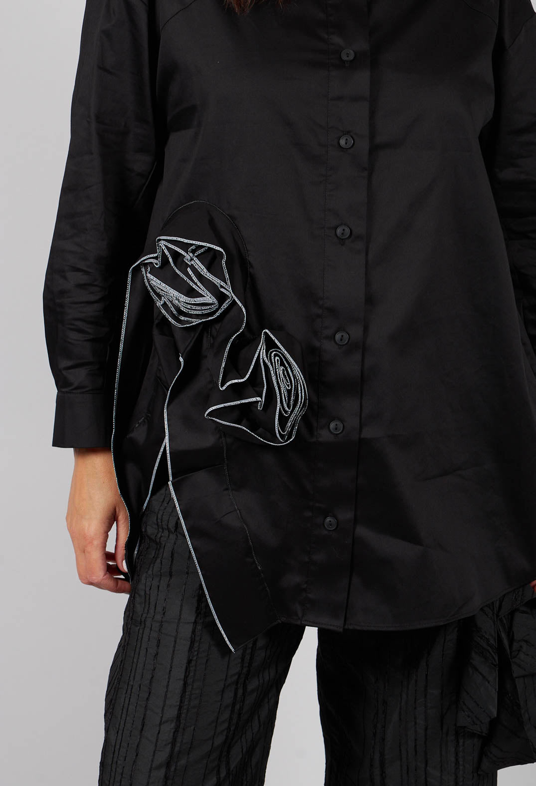 Shirt with Fabric Rose Embellishment in Black