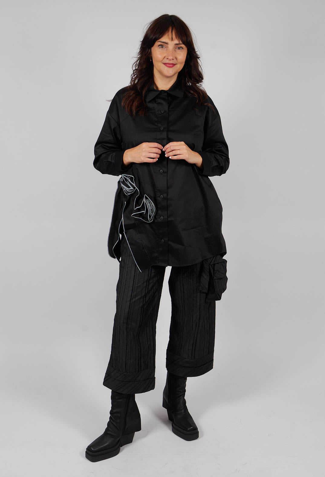 Shirt with Fabric Rose Embellishment in Black