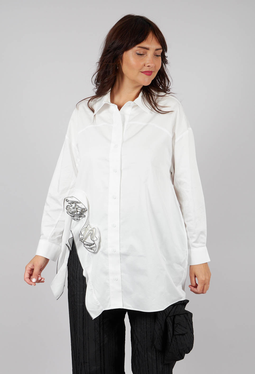 Shirt with Fabric Rose Embellishment in White