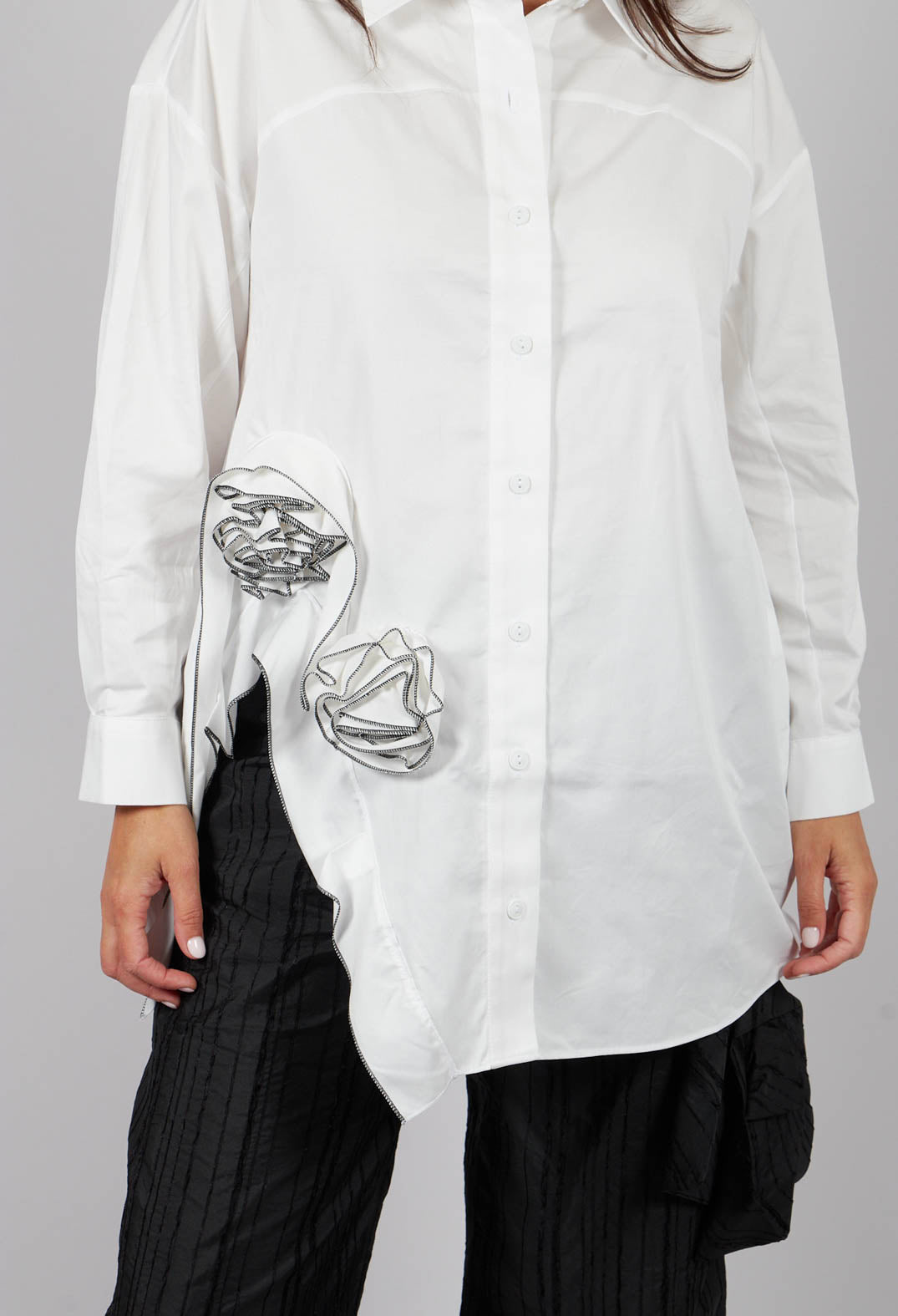 Shirt with Fabric Rose Embellishment in White