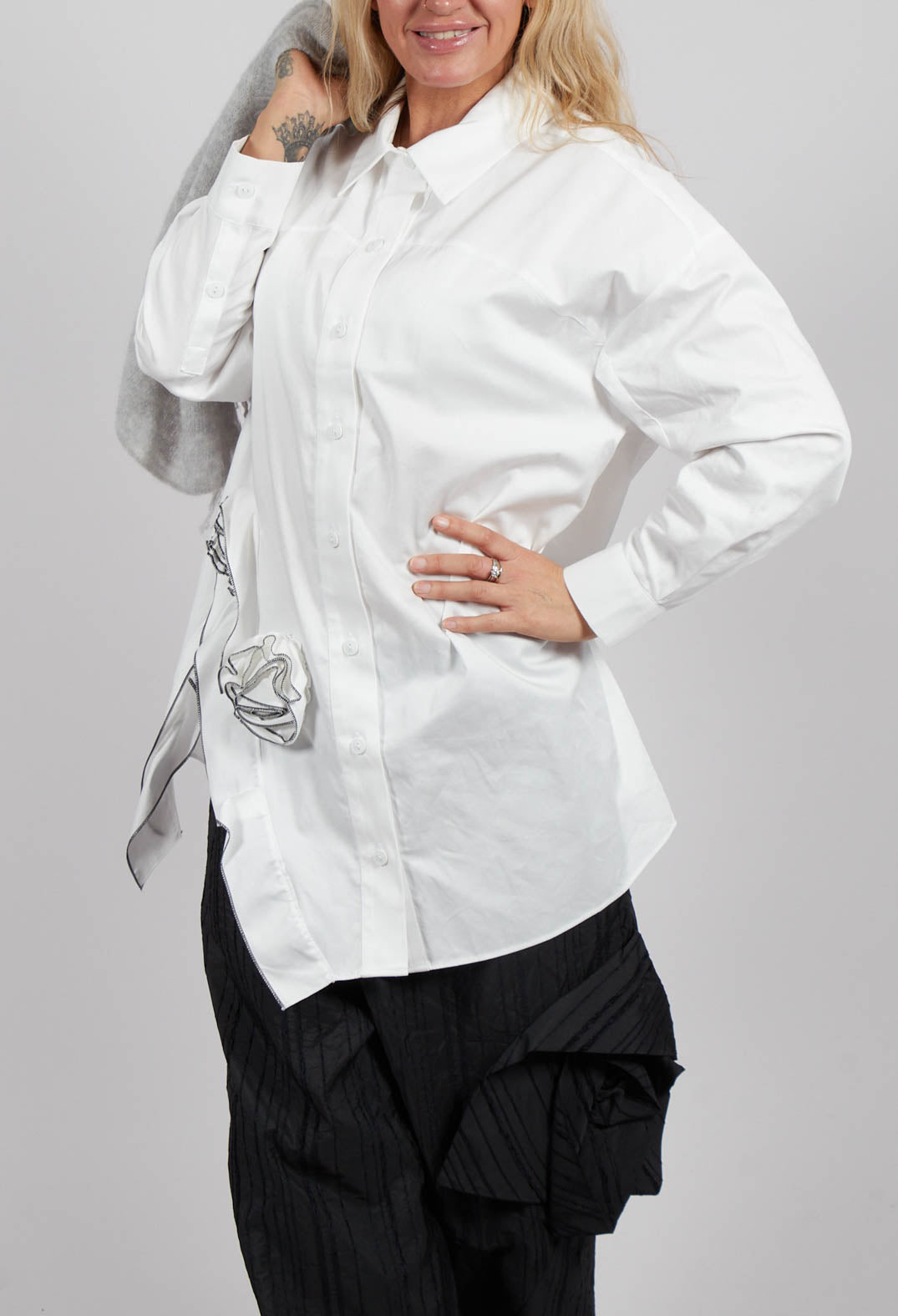 Shirt with Fabric Rose Embellishment in White