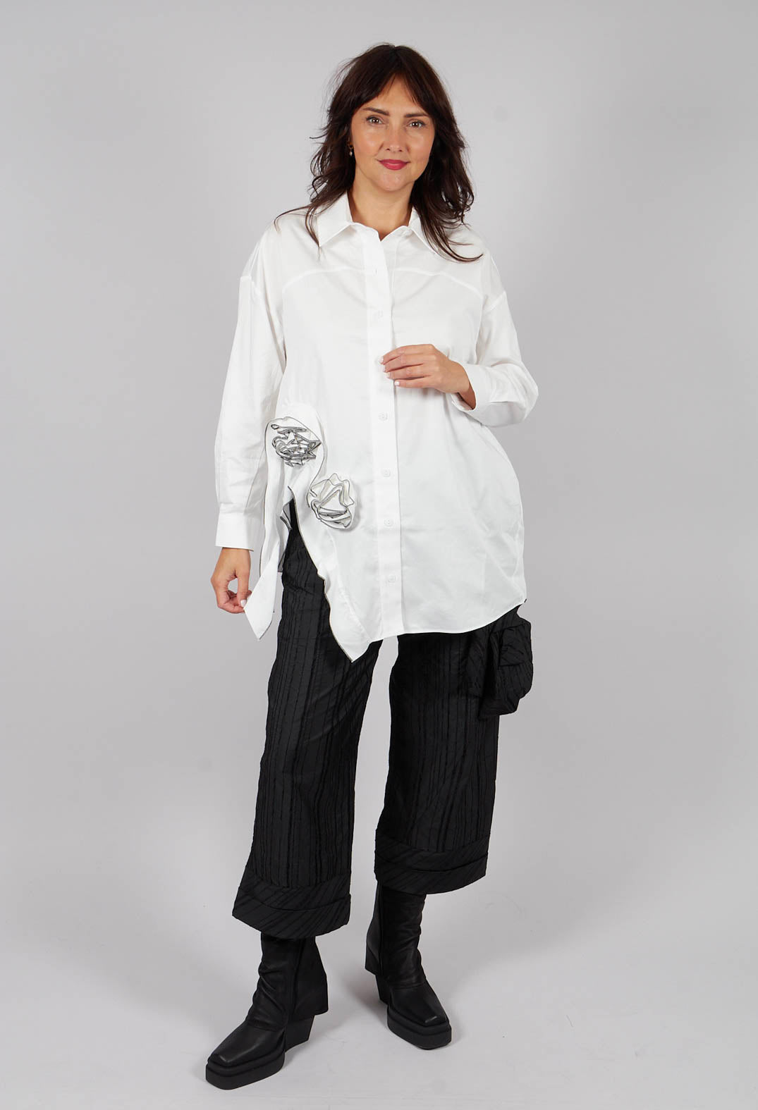 Shirt with Fabric Rose Embellishment in White