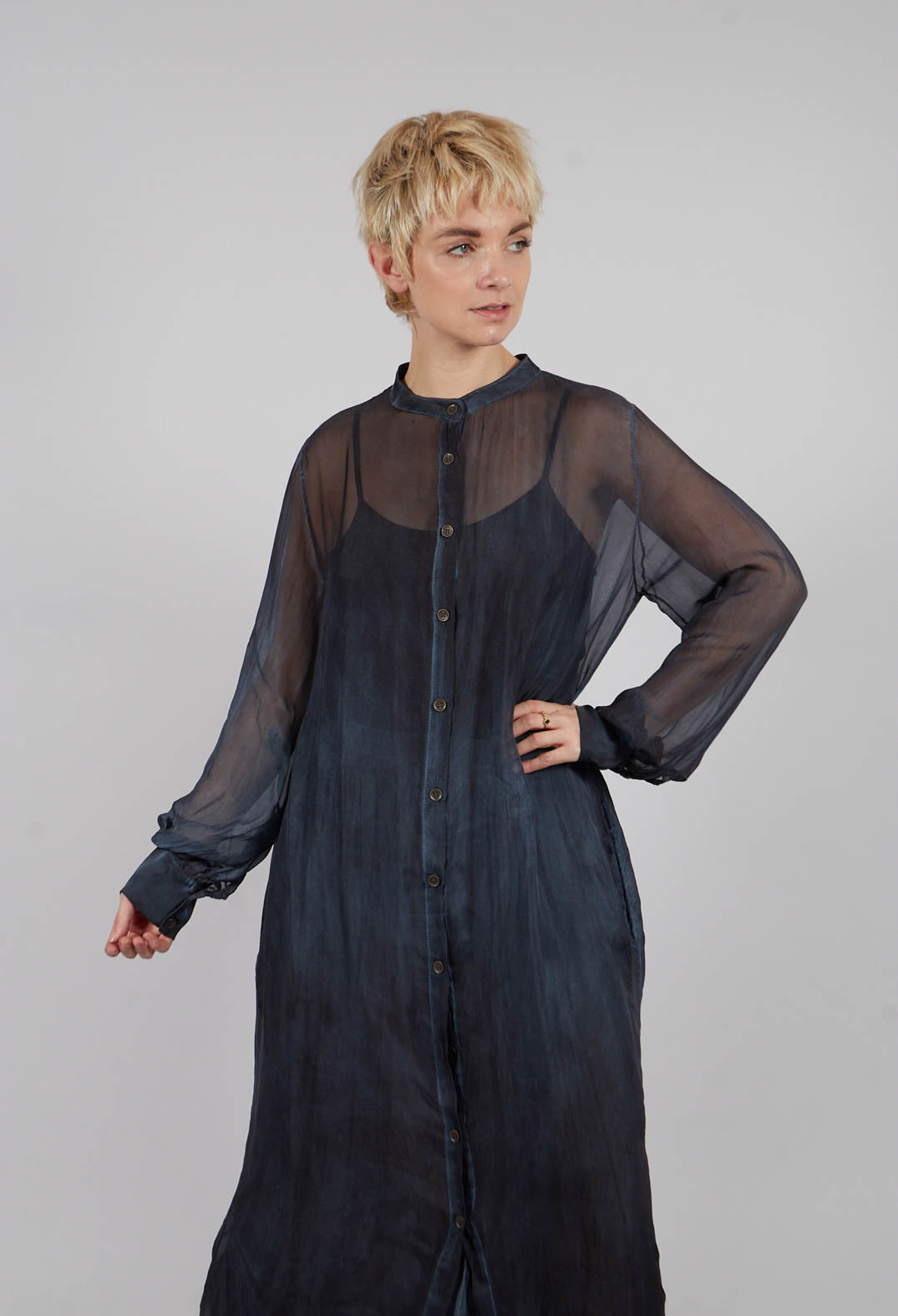 Button Through Dress in Midnight Blue