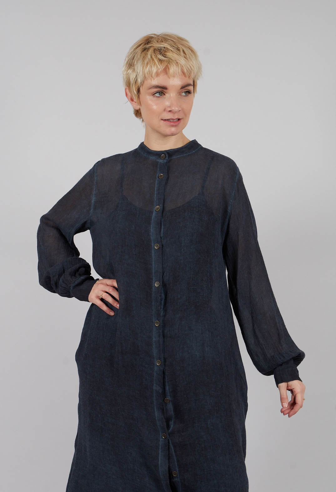 Collarless Shirt Dress in Midnight Blue