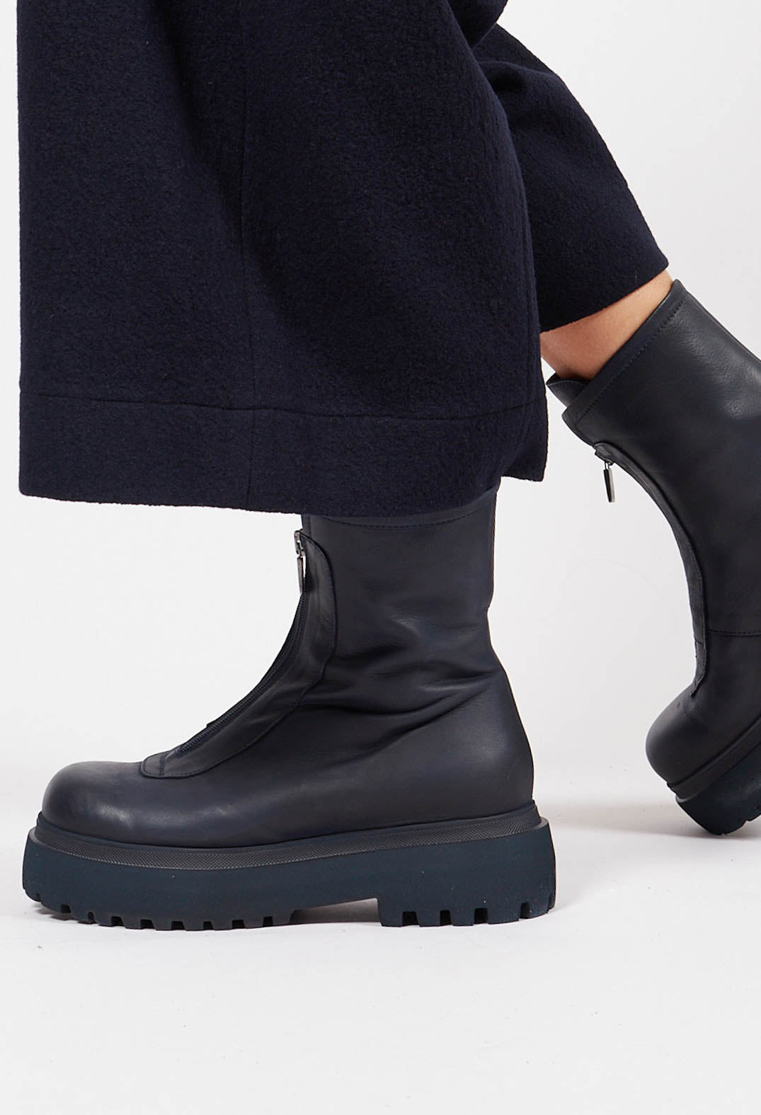 Zip Front Ankle Boots in Gasoline Navy