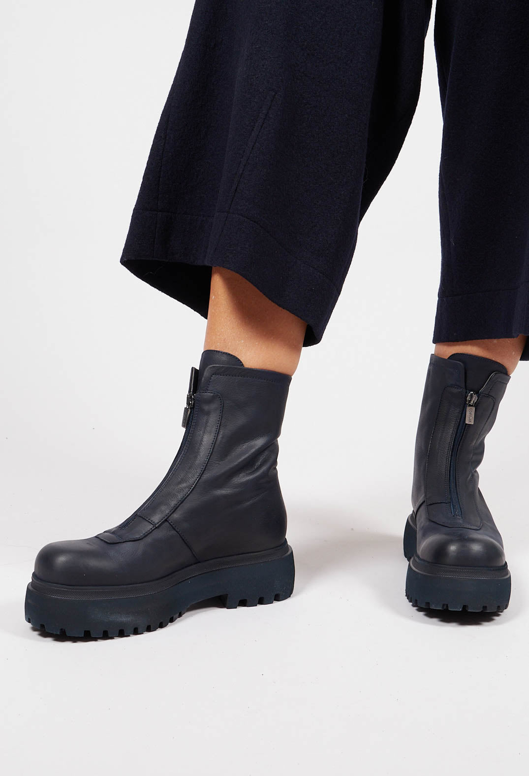 Zip Front Ankle Boots in Gasoline Navy