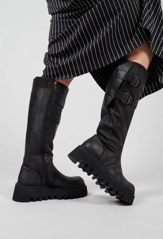 Tall Boots with Buckle Detail in Gasoline Nero