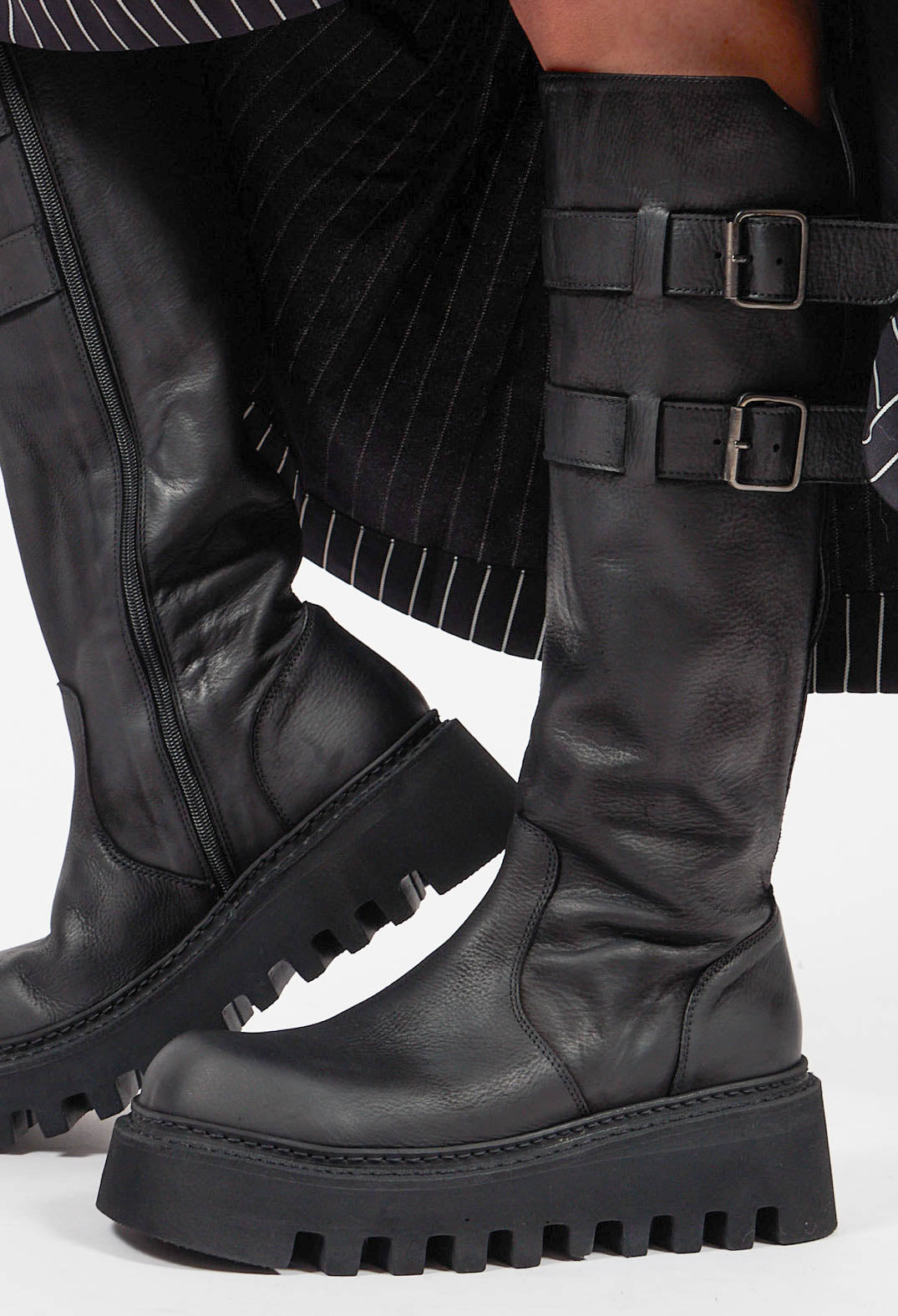 Tall Boots with Buckle Detail in Gasoline Nero