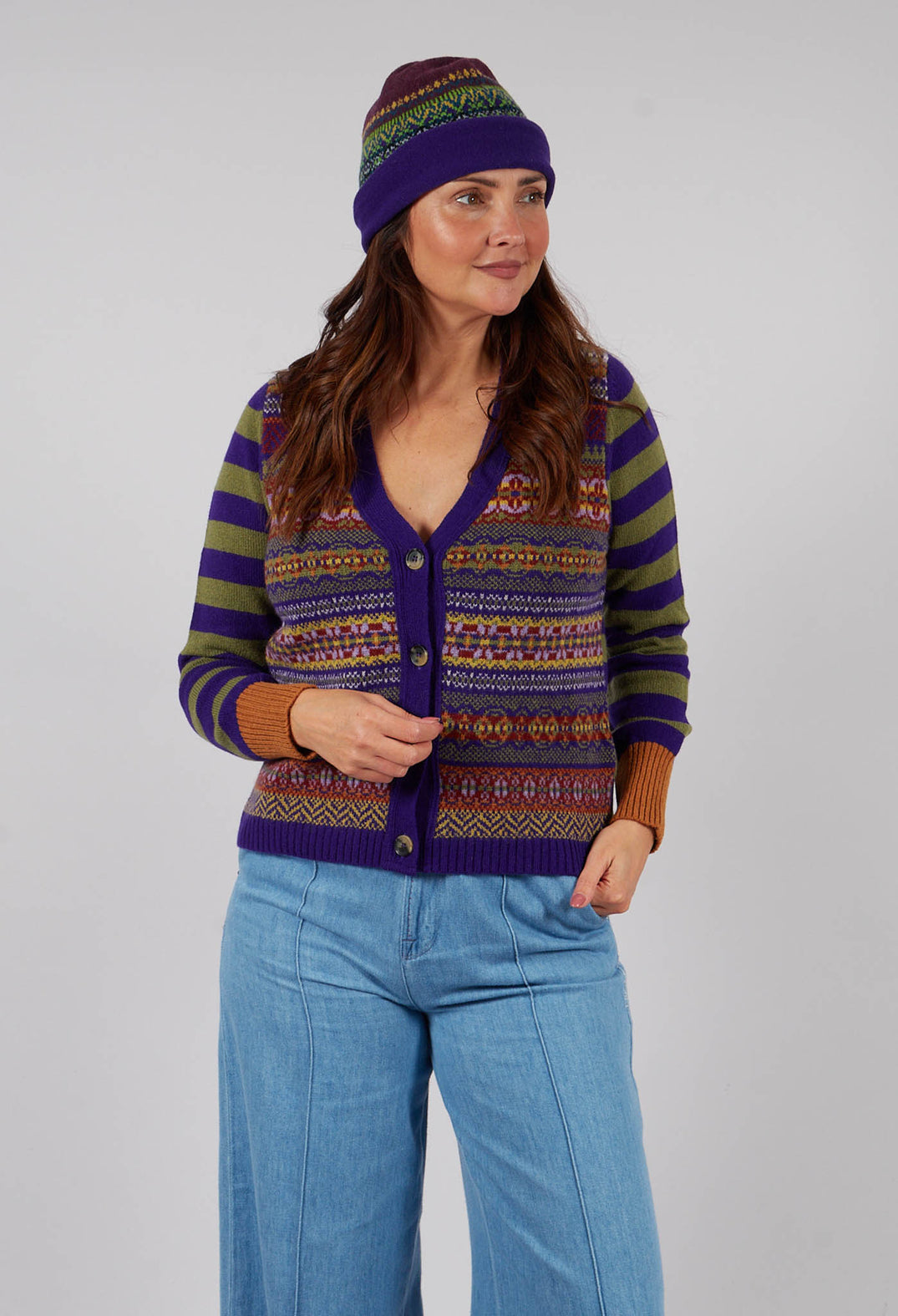 Stobo Fairisle V Cardigan in Mulberry