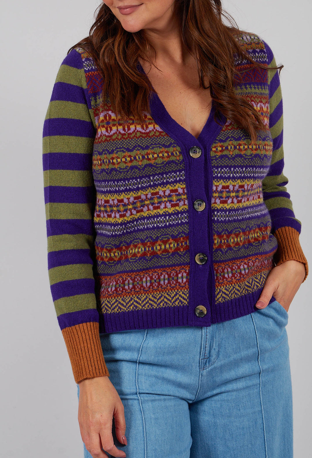 Stobo Fairisle V Cardigan in Mulberry