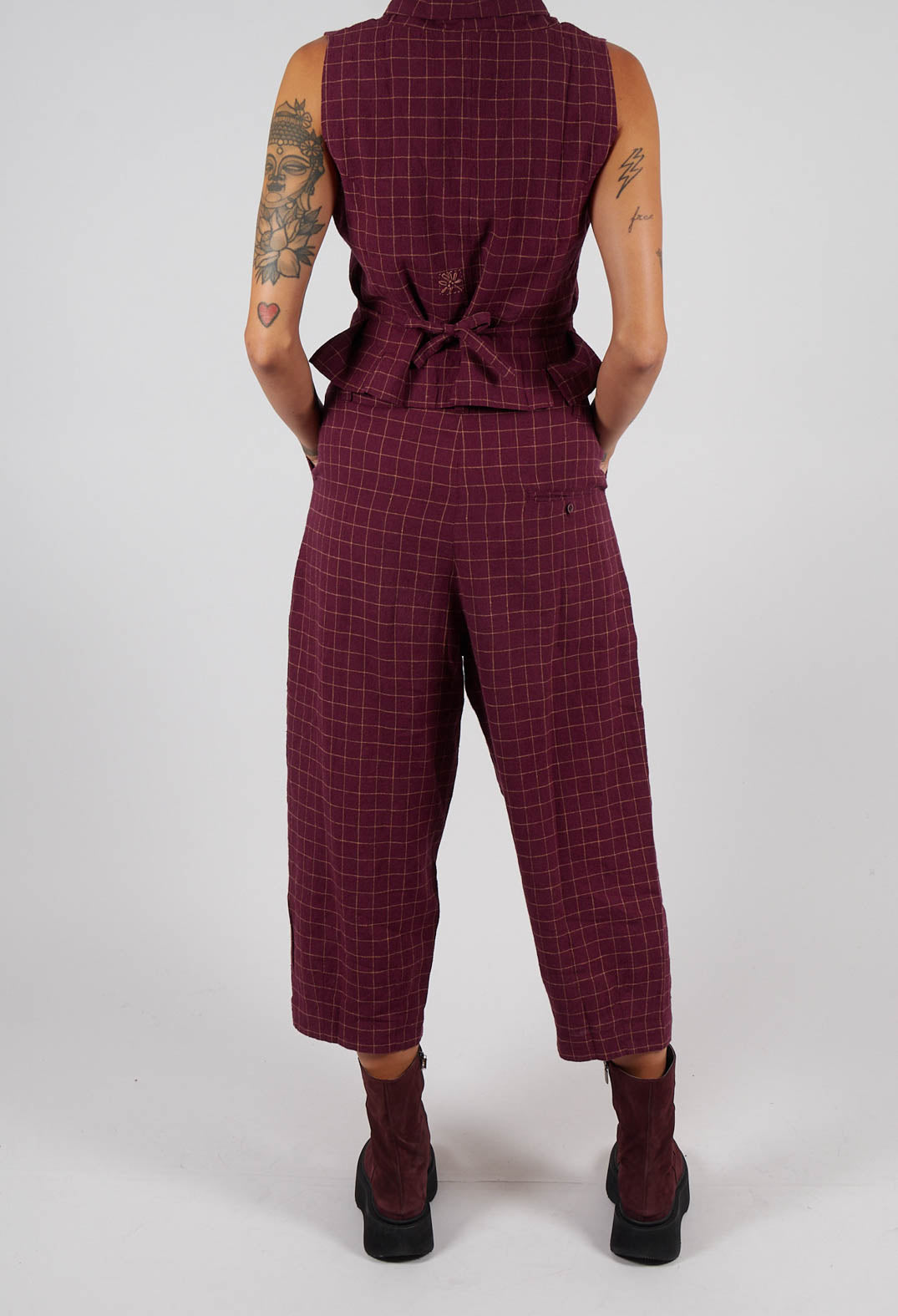 Botvi Linen Check Trousers in Dark Plum