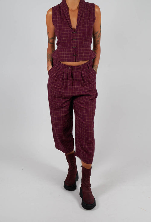 Botvi Linen Check Trousers in Dark Plum