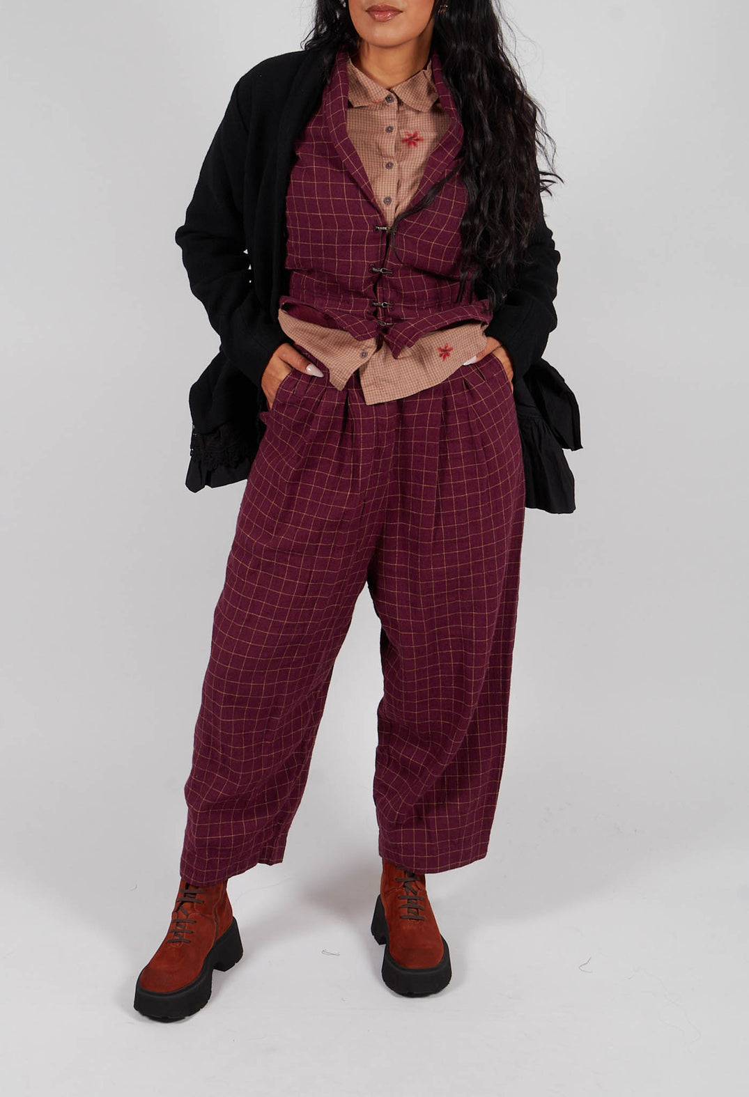 Botvi Linen Check Trousers in Dark Plum