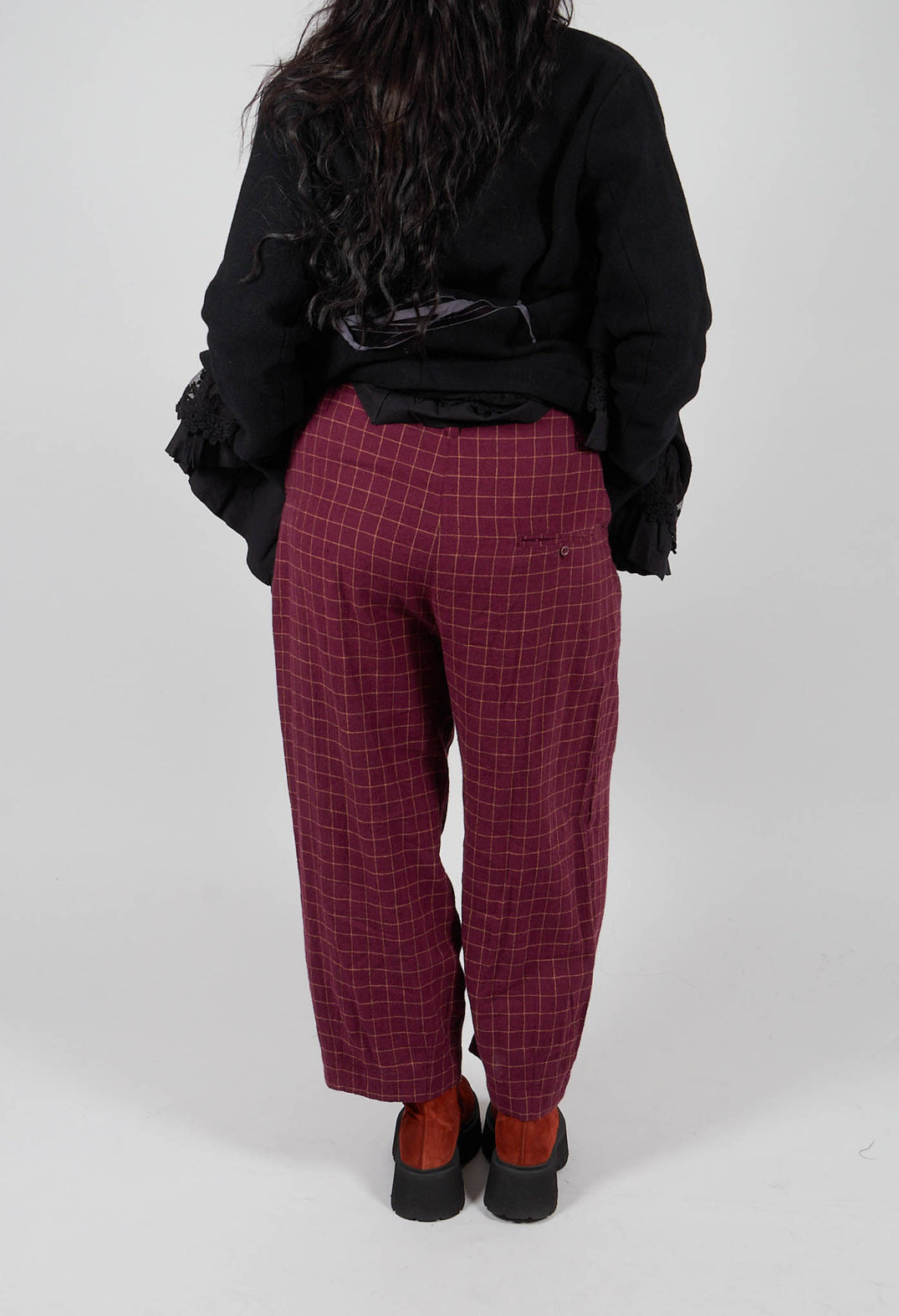 Botvi Linen Check Trousers in Dark Plum