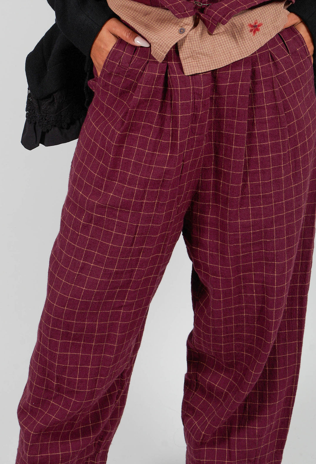 Botvi Linen Check Trousers in Dark Plum