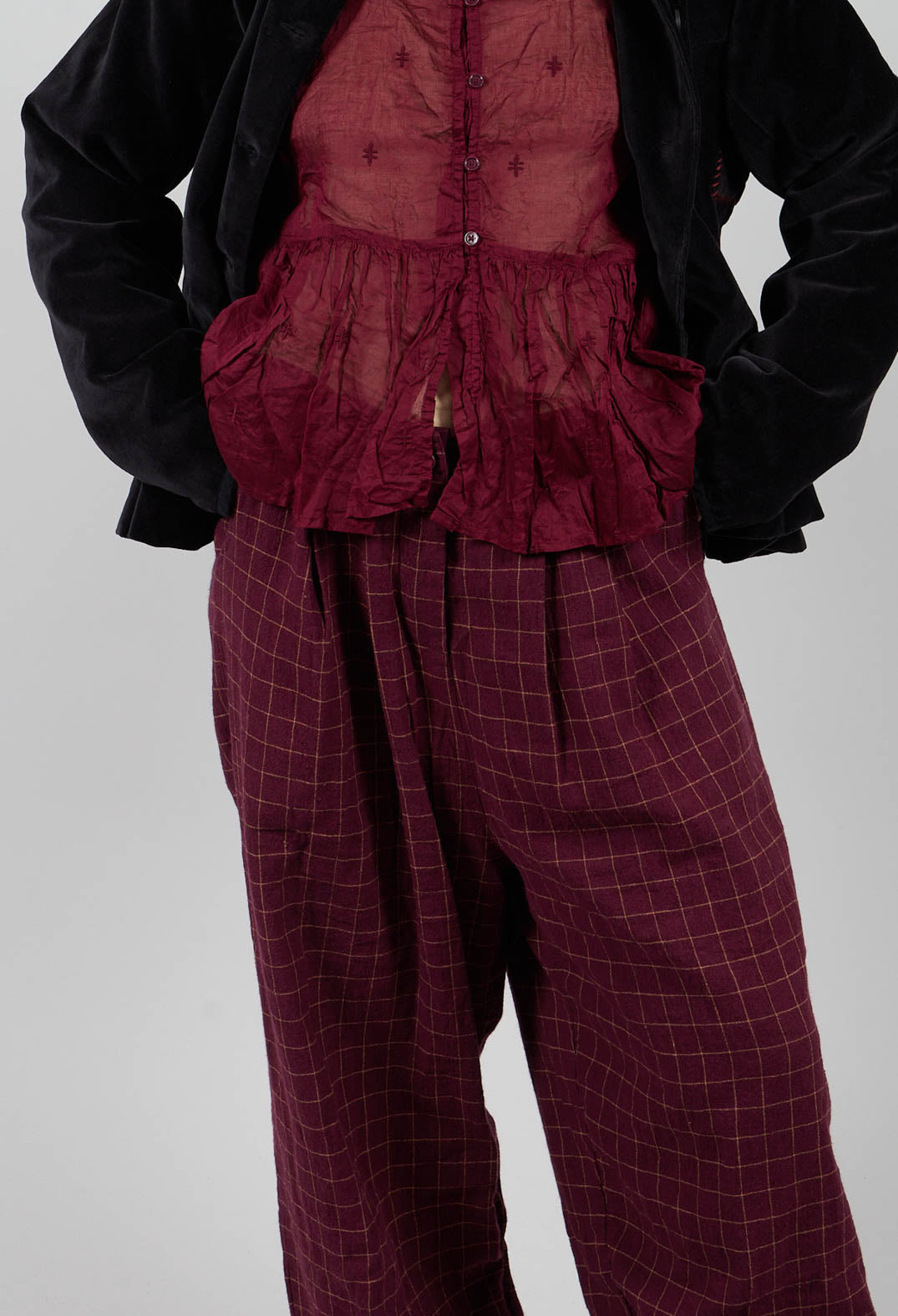 Botvi Linen Check Trousers in Dark Plum