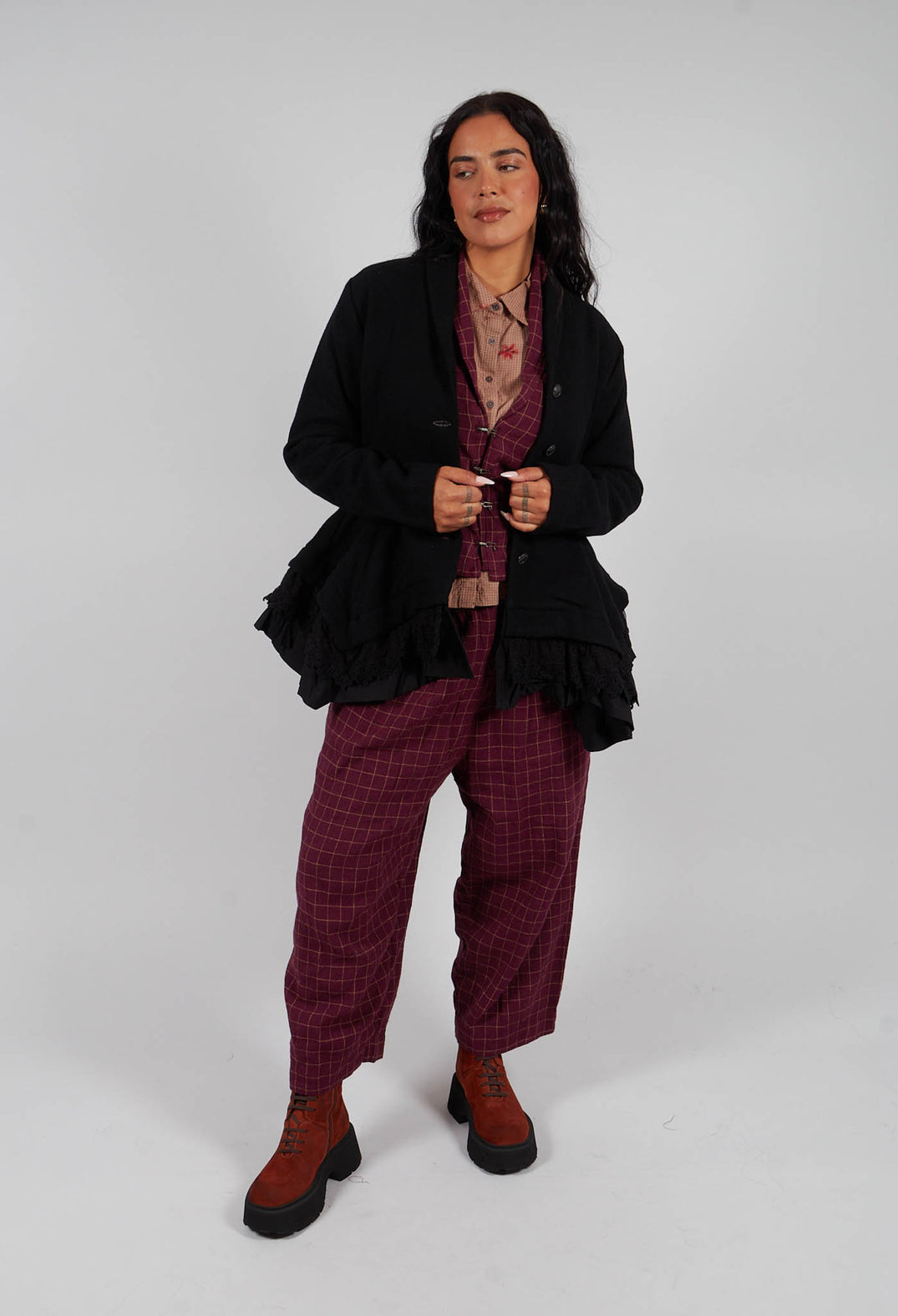Botvi Linen Check Trousers in Dark Plum