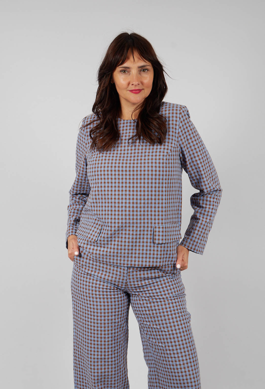 Anka Check Blouse in Large Camel and Blue