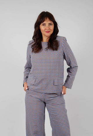 Anka Check Blouse in Large Camel and Blue