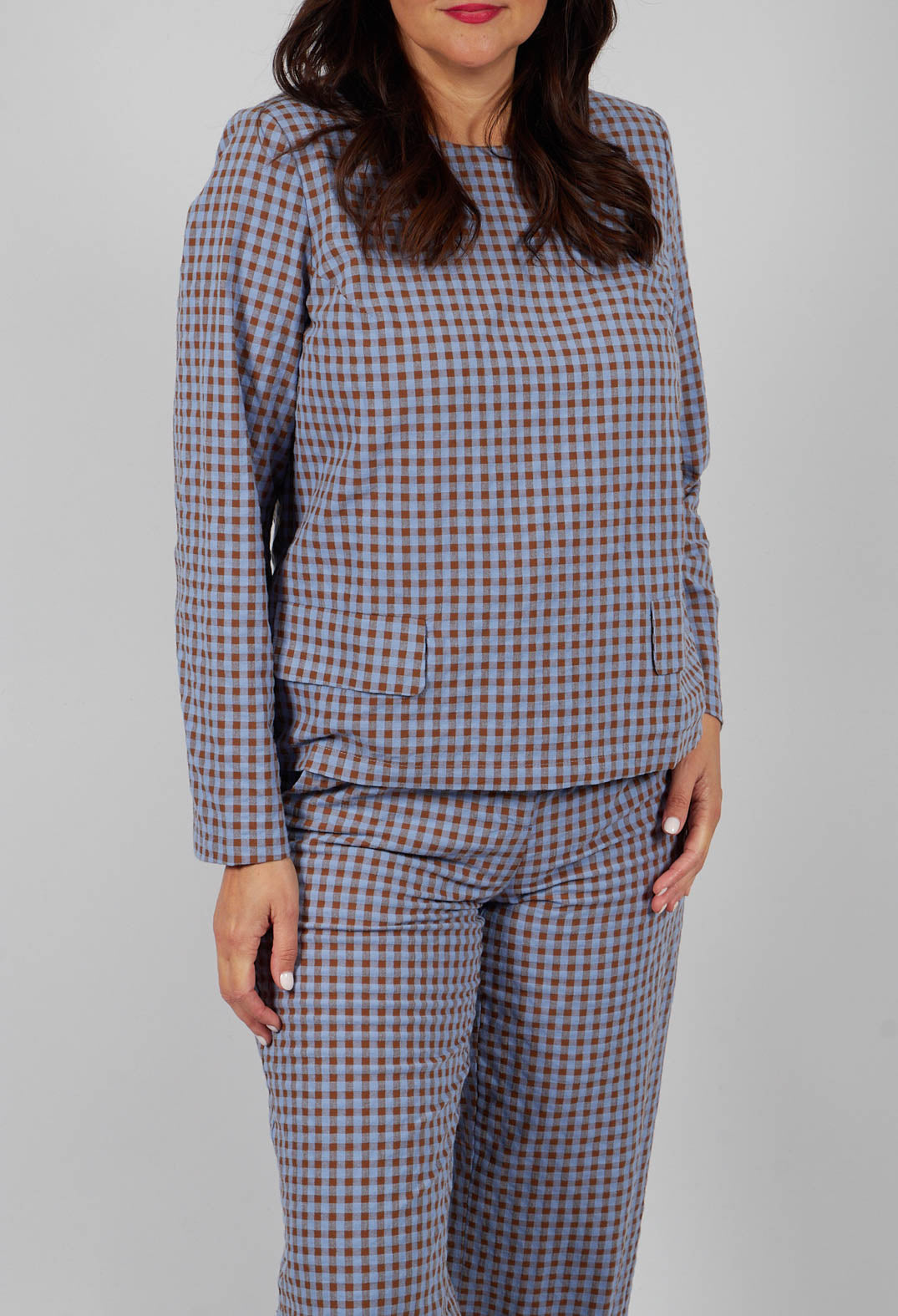 Anka Check Blouse in Large Camel and Blue