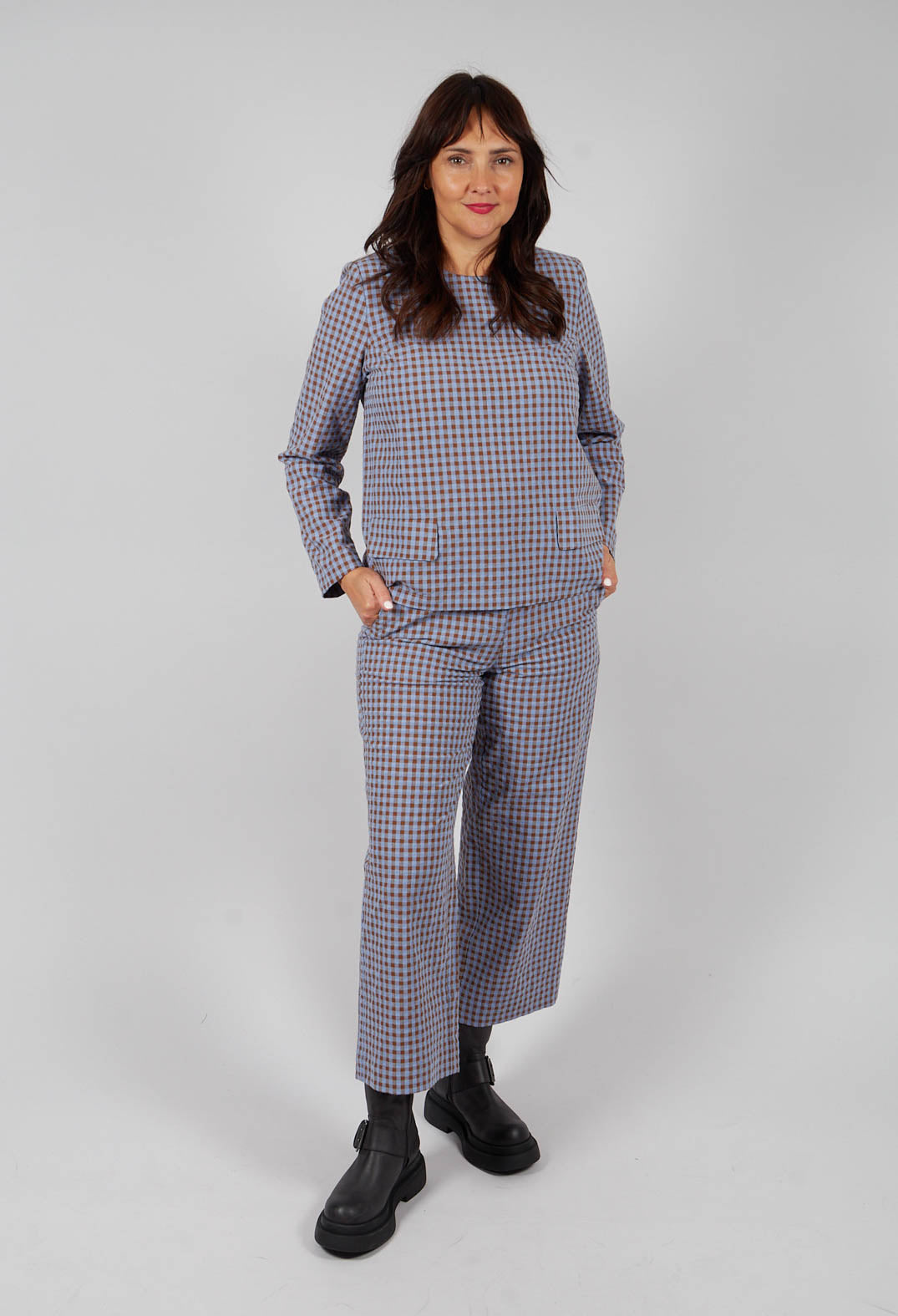 Anka Check Blouse in Large Camel and Blue