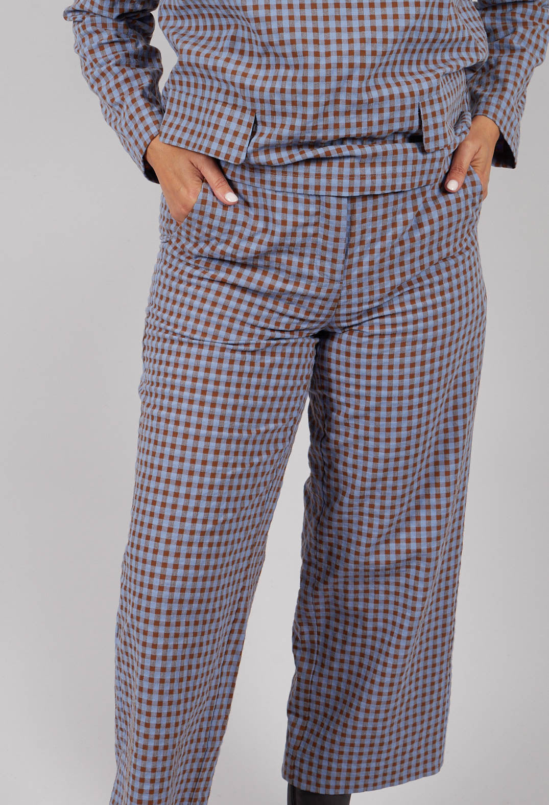 Ryo Check Trousers in Large Camel and Blue
