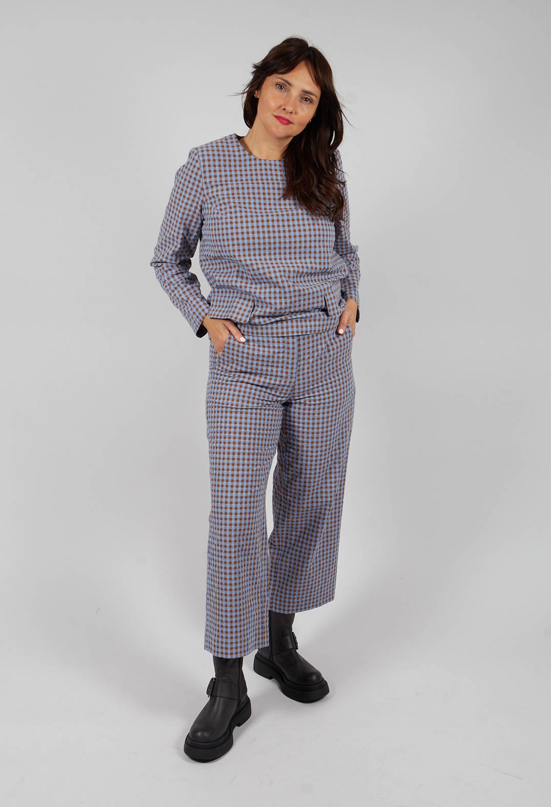 Ryo Check Trousers in Large Camel and Blue